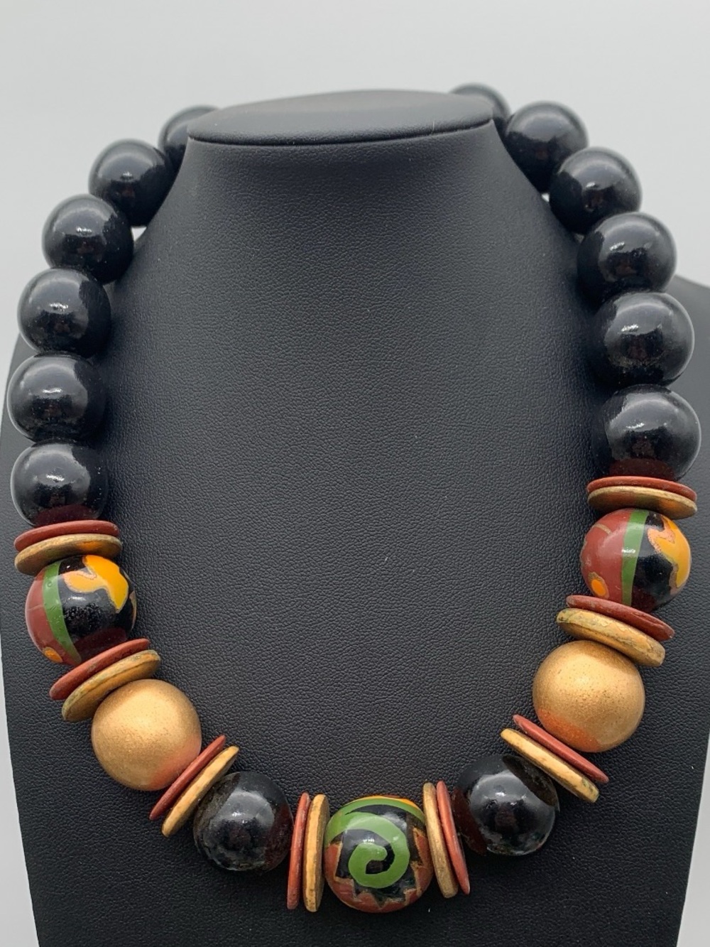 Handcrafted Black & Multicolor Handpainted wood bead Statement Necklace 16”